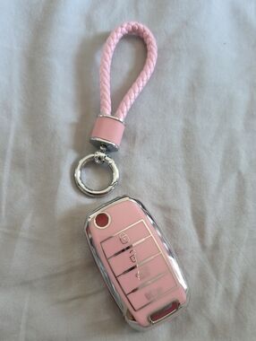Pink Braided Keychain Car Kia Key Fob Cover with Ring